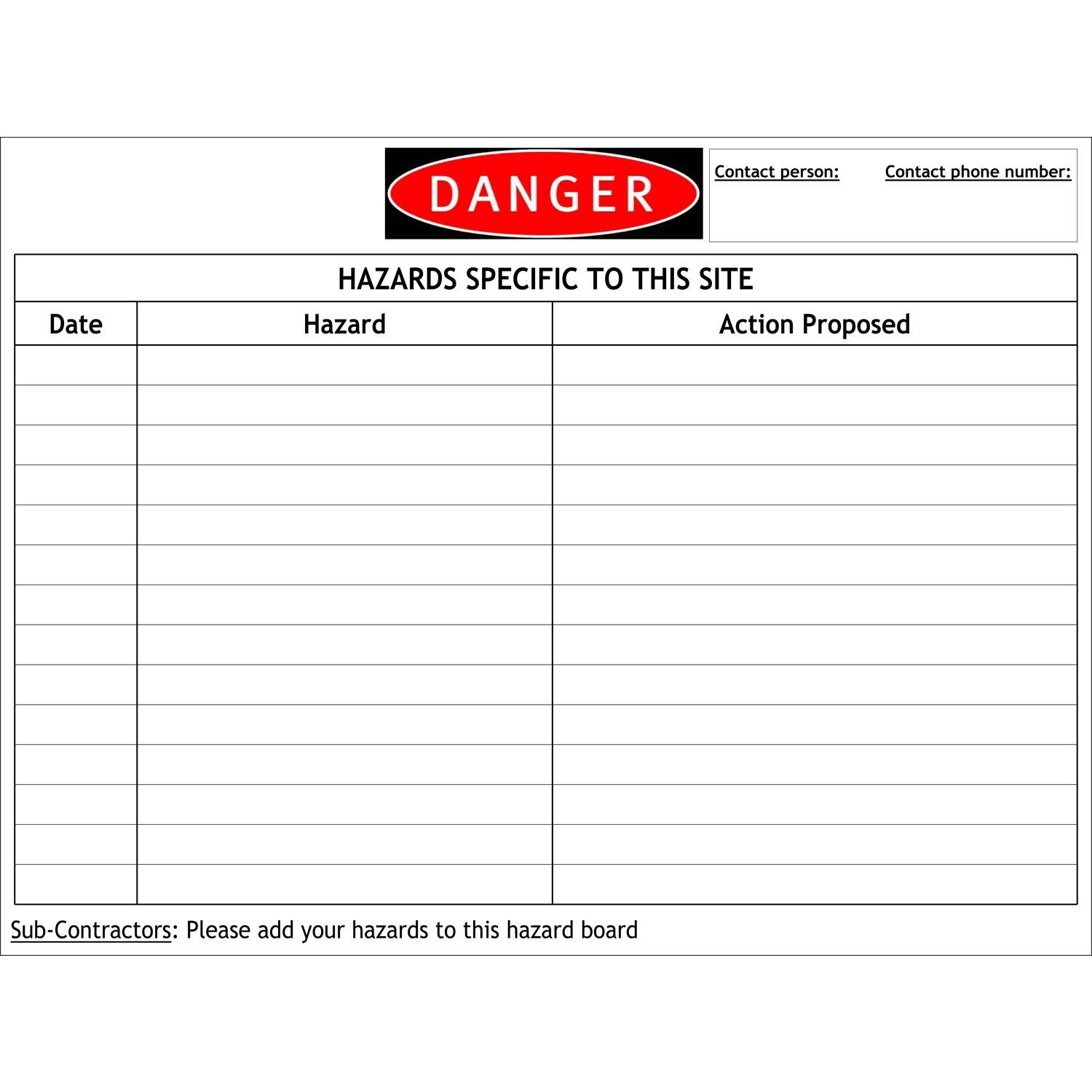 Danger Hazards Specific To This Site - Whiteboard Finish
